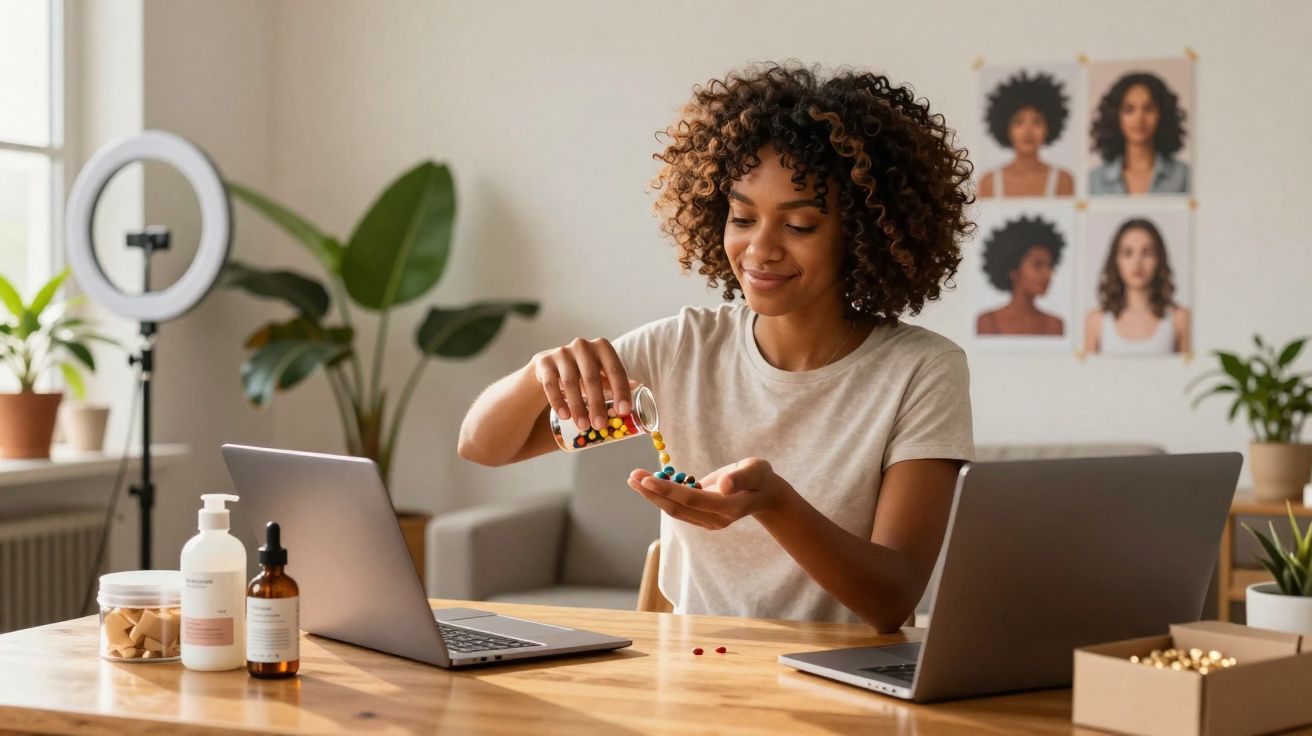 Mulher sorridente derramando cápsulas coloridas na mão, sentada entre dois notebooks em mesa.