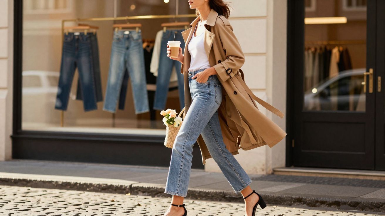 Mulher vestindo trench coat bege e jeans caminhando na calçada de rua com copo de café e cesta com flores.