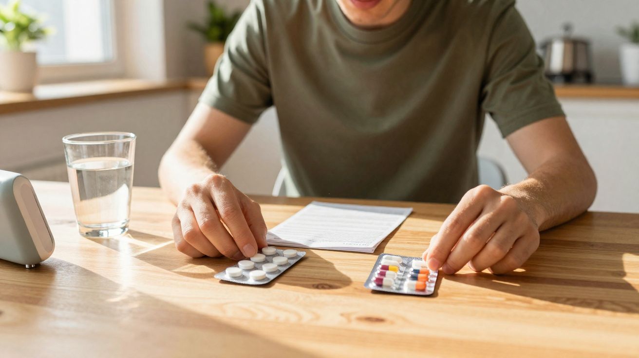 Pessoa sentada em mesa de madeira com dois blísters de remédios, copo d'água e papel com texto.
