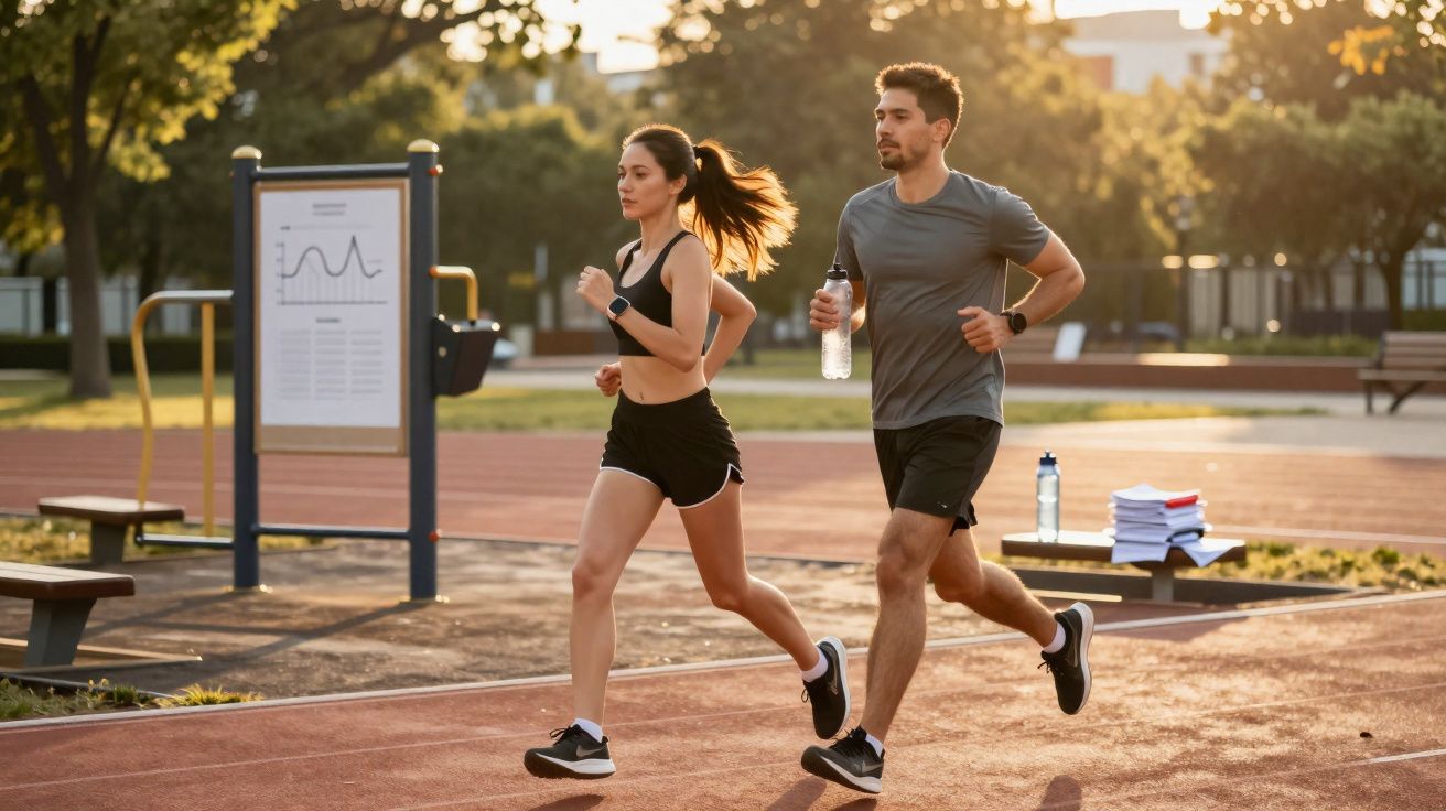 Casal correndo na pista de atletismo ao ar livre durante o pôr do sol.