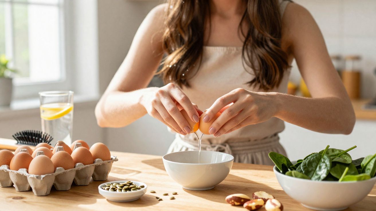 Pessoa quebrando ovo sobre tigela em cozinha com ingredientes naturais ao redor.