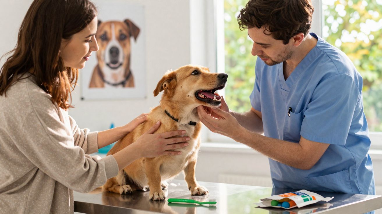 Veterinário examina cachorro enquanto dona o segura em clínica veterinária iluminada.