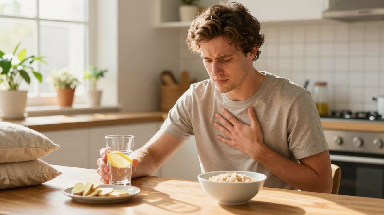 Jovem com dor no peito segurando copo com água e limão em cozinha iluminada pela manhã.