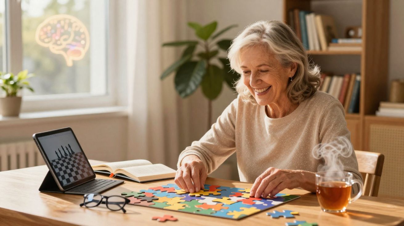 Mulher idosa montando quebra-cabeça em mesa com chá e tablet, ambiente iluminado e tranquilo.