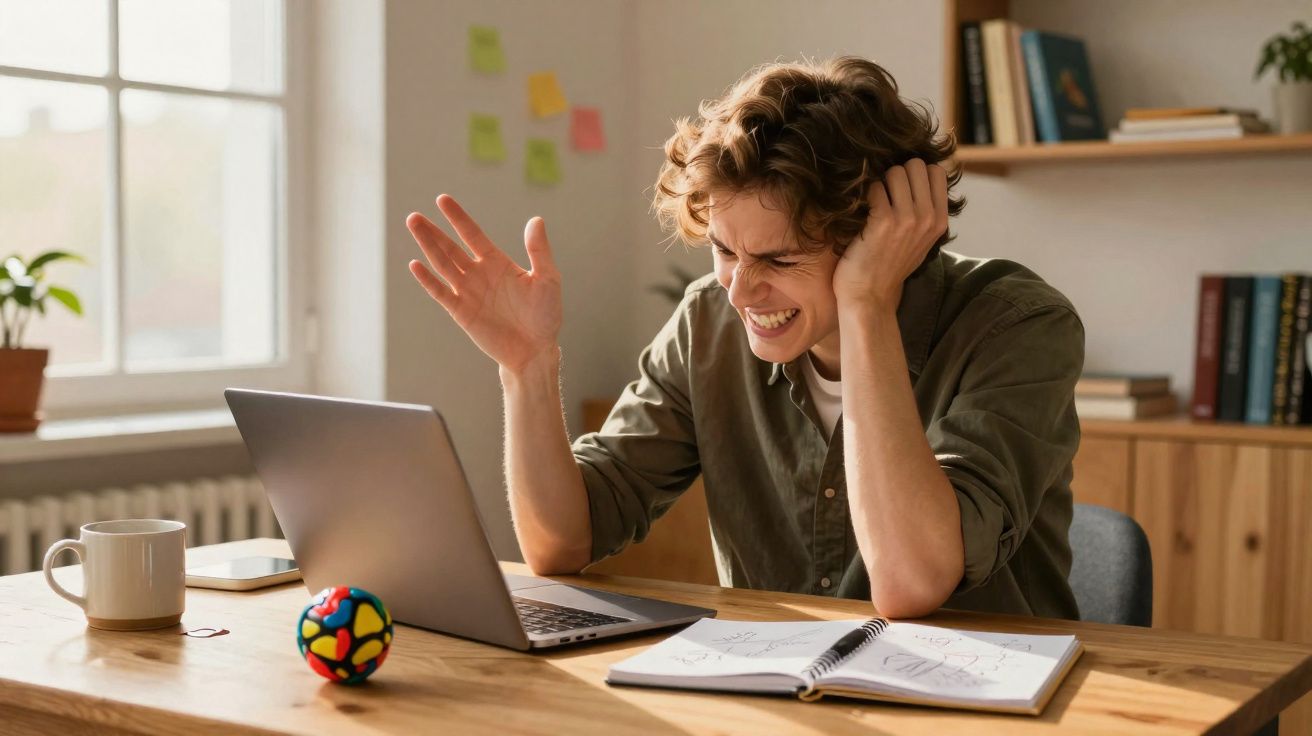 Homem sentado à mesa com expressão de frustração olhando para notebook aberto.