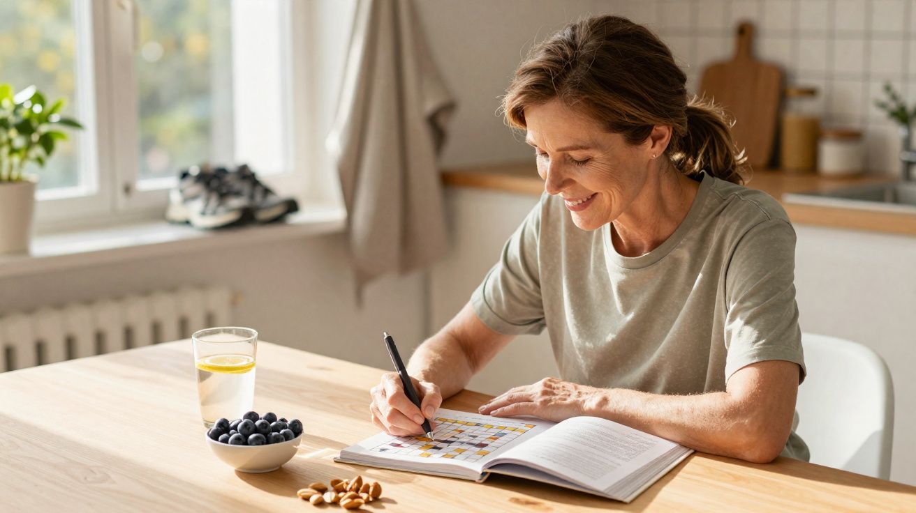 Mulher sorridente preenchendo palavras cruzadas em livro, com amêndoas, mirtilos e copo de água na mesa.