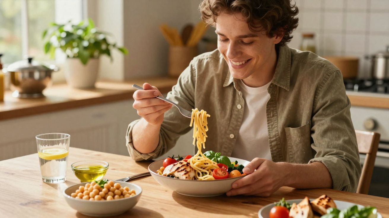 Jovem sorridente comendo espaguete com tomate e frango grelhado à mesa na cozinha iluminada.