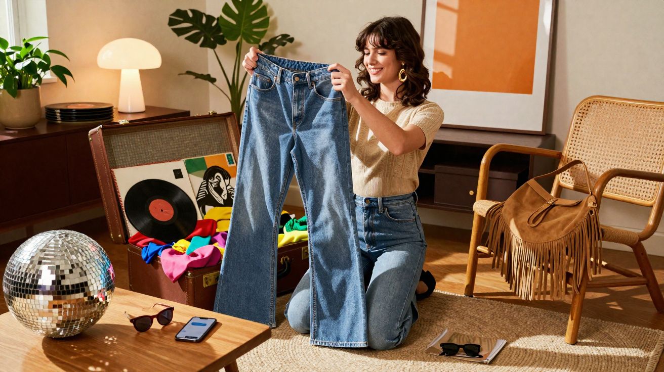 Mulher sorrindo segura calça jeans azul dobrada, sentada em tapete em sala com decoração retrô.