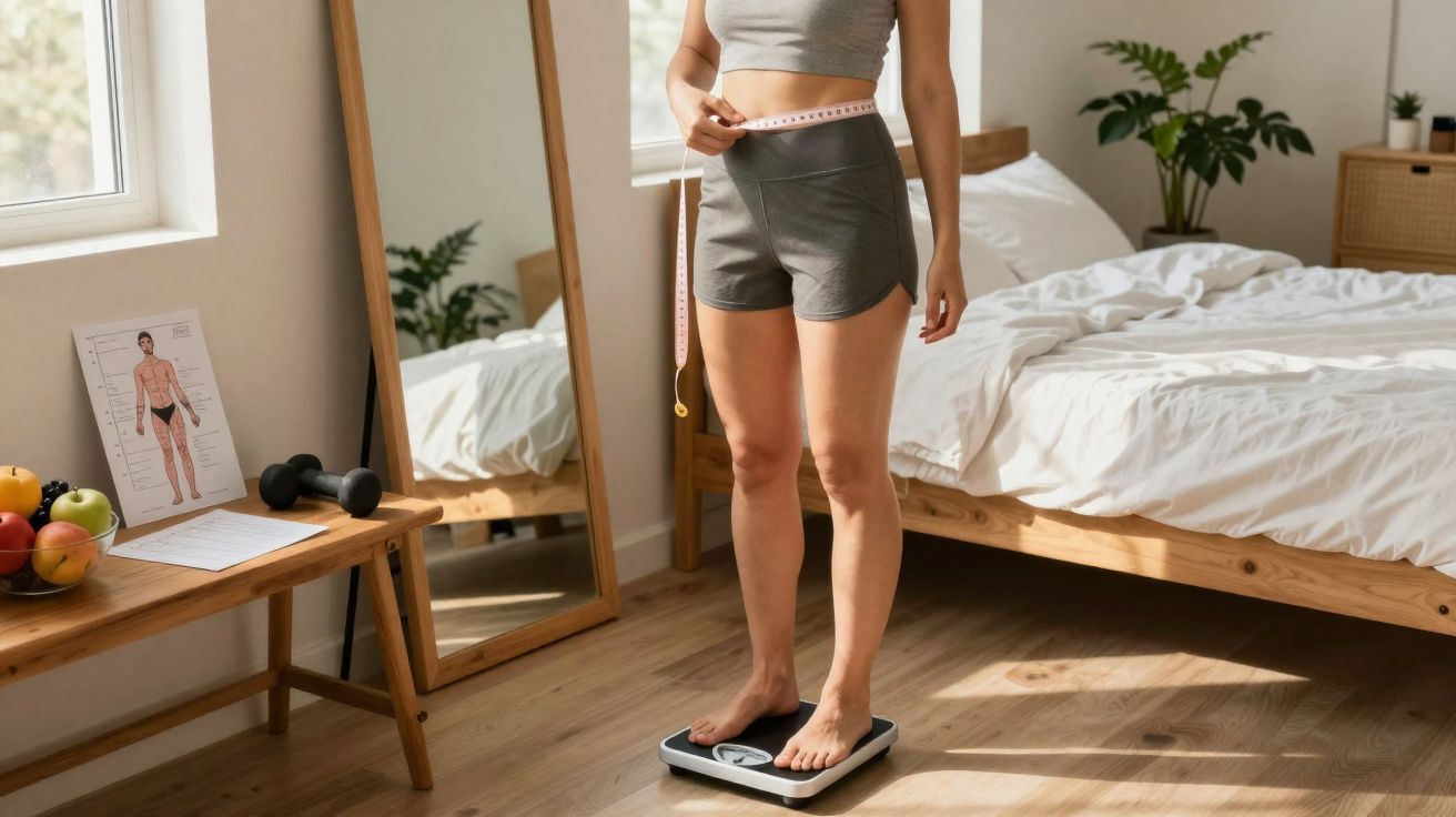 Pessoa em roupa esportiva medindo a cintura com fita métrica e pesando-se em balança no quarto.