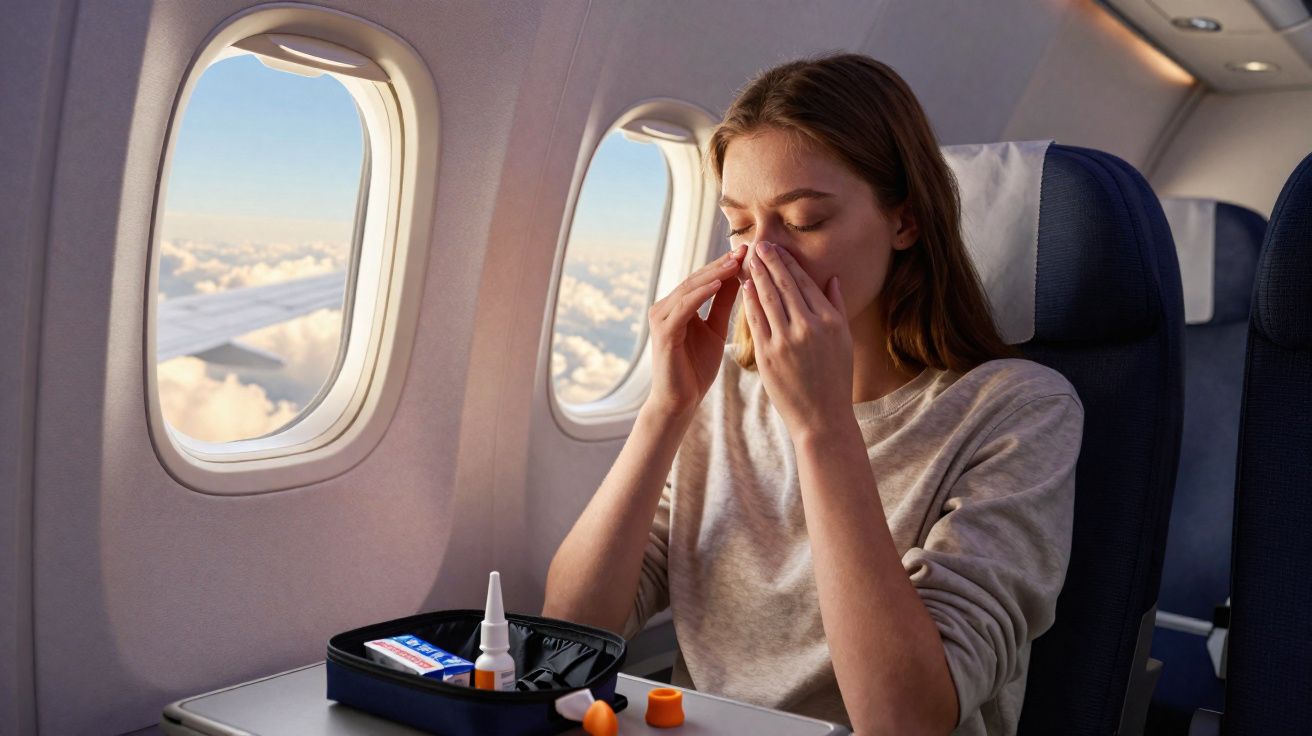 Mulher em avião usando spray nasal sentada ao lado da janela com céu e nuvens ao fundo.