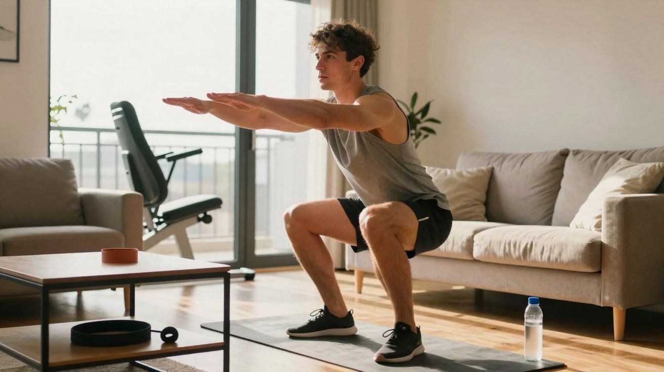 Homem fazendo agachamento em tapete de yoga na sala, com garrafa de água ao lado.