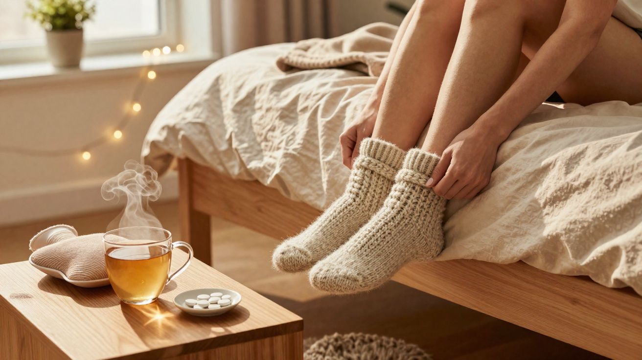 Pessoa com meias de lã sentada na cama ao lado de chá quente, bolsa de água quente e comprimidos.