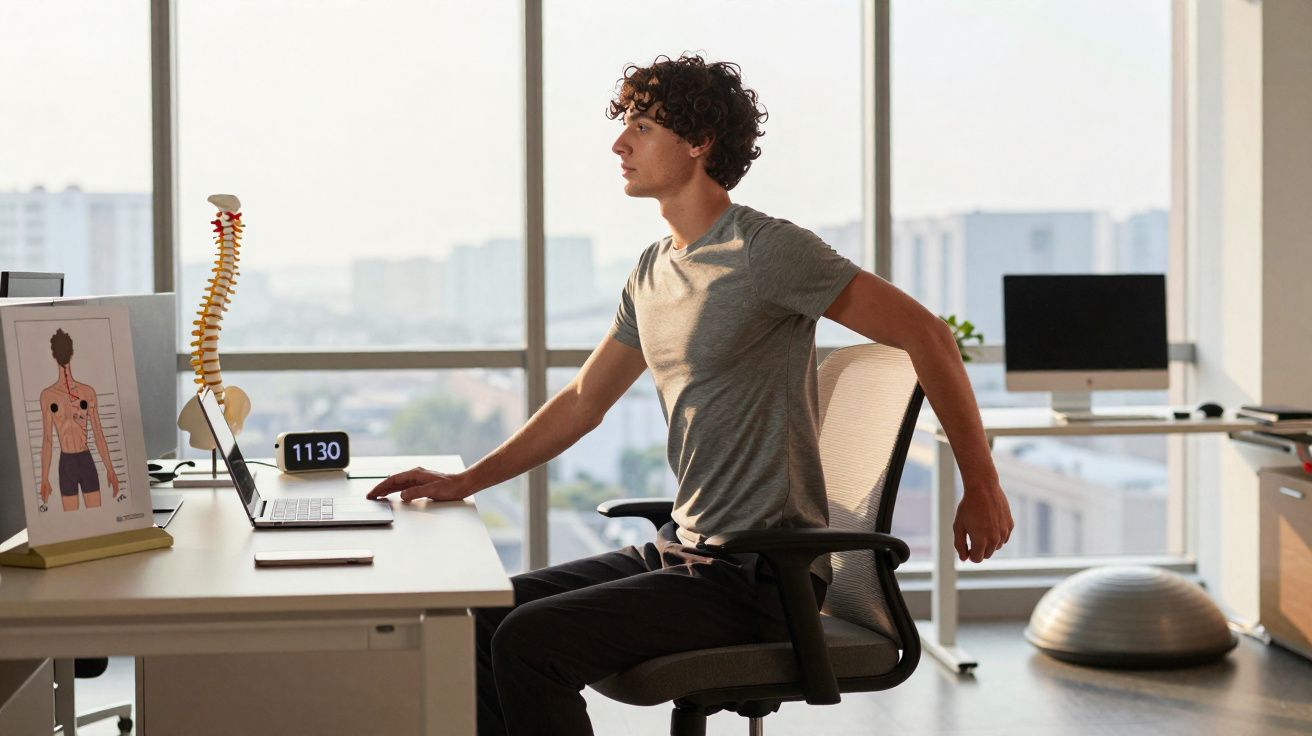 Homem sentado em cadeira fazendo alongamento de braço em escritório com luz natural.