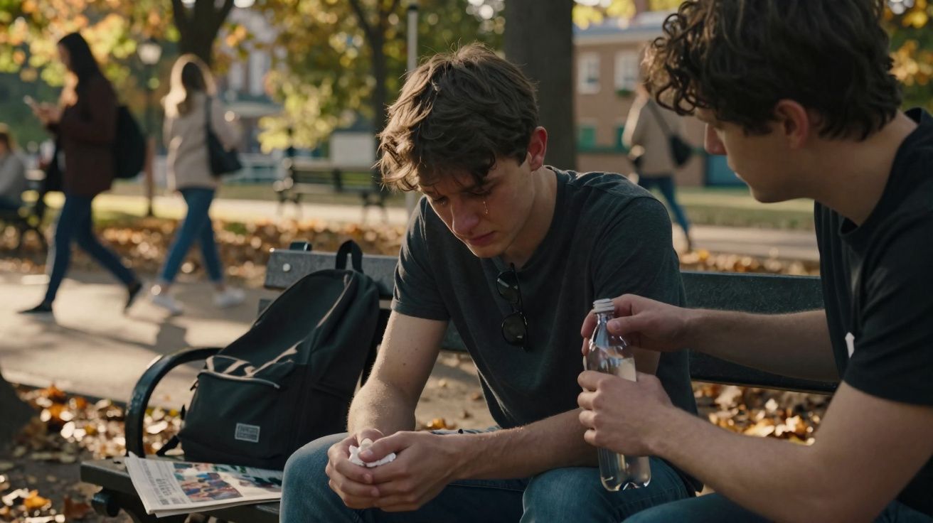 Dois jovens sentados em banco no parque; um consola o outro que parece triste.