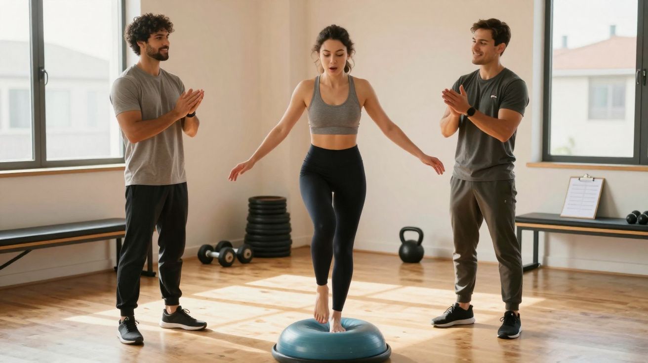Mulher em roupa fitness equilibrando-se em equipamento de ginástica, com dois homens aplaudindo ao lado.