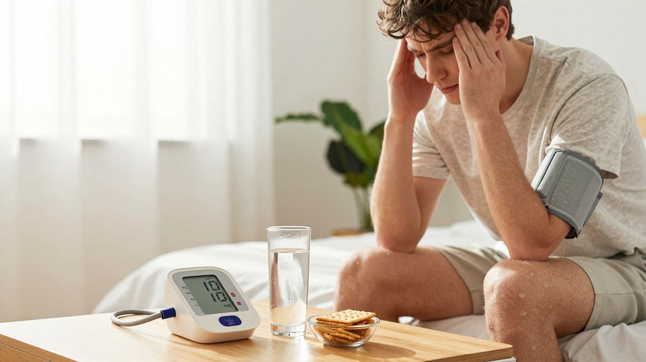 Homem preocupado senta-se em cama com aparelho de pressão, copo d’água e biscoitos em mesa à frente.