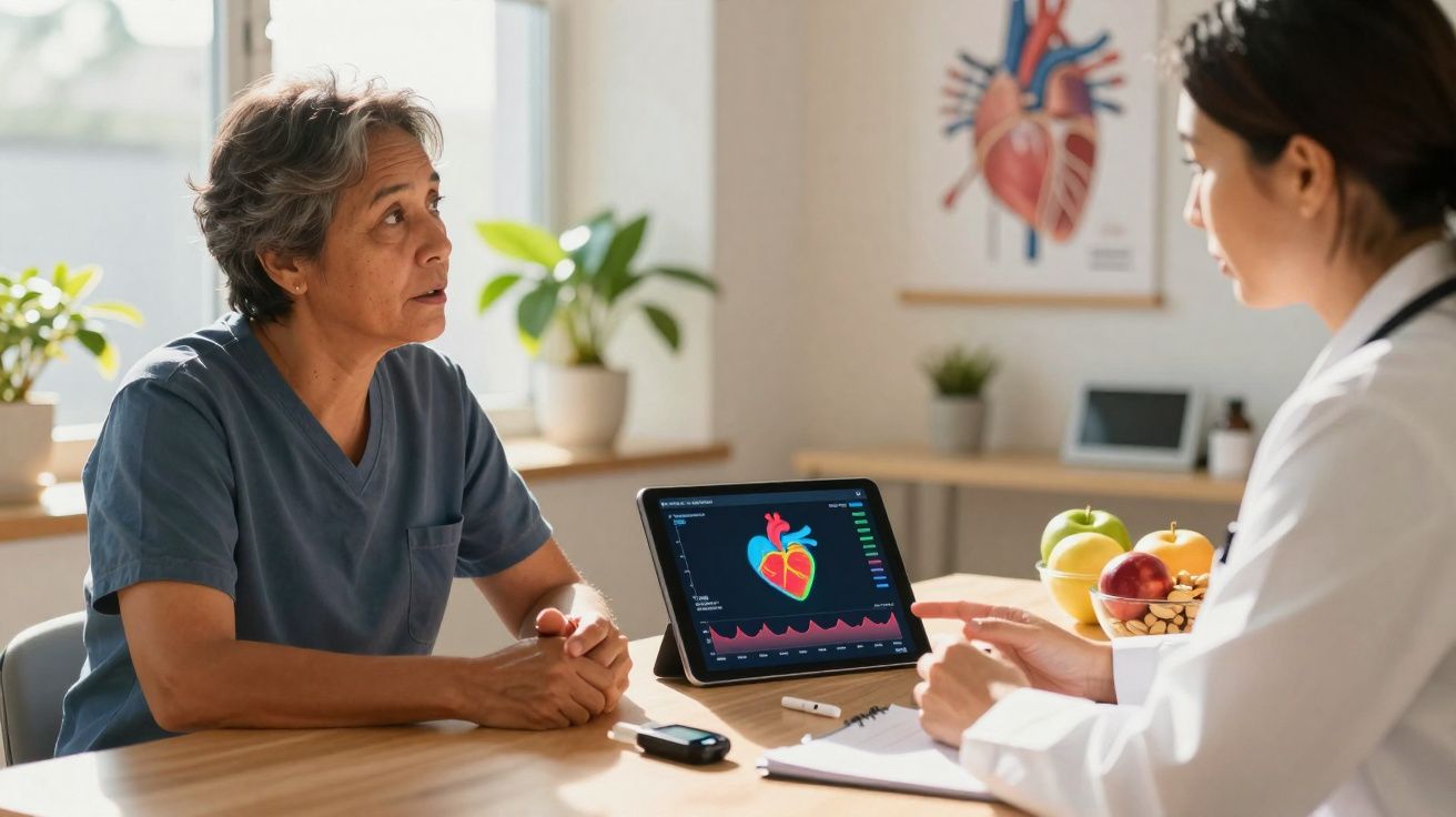Paciente conversa com médica sobre saúde cardiovascular usando tablet com gráfico de coração.