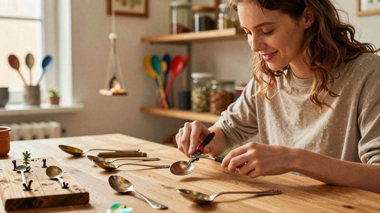 Mulher sorrindo personalizando colher com lançador de gravura em mesa de madeira.