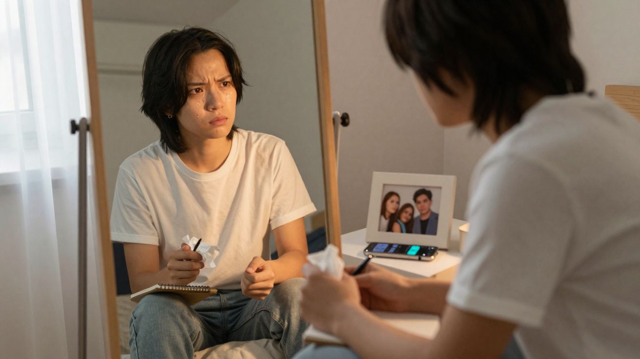 Pessoa olhando com expressão preocupada para o espelho, segurando papel amassado e caderno no colo.