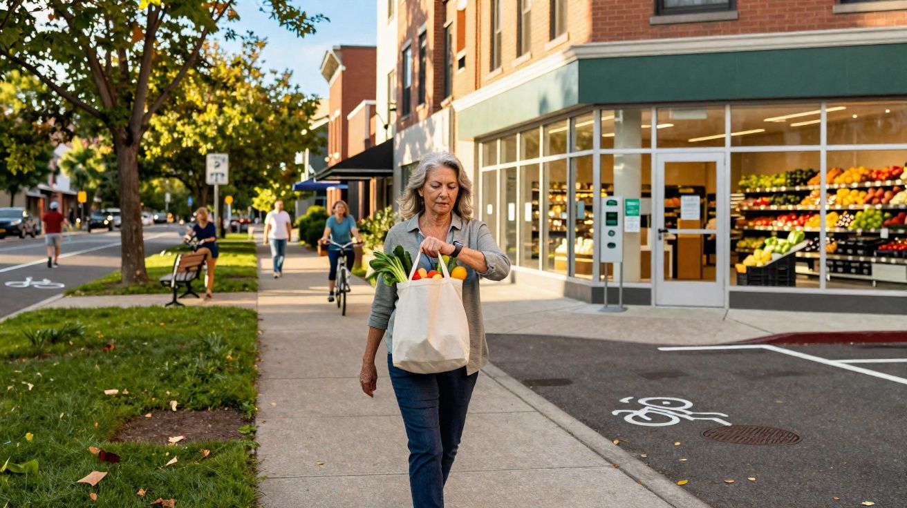 Mulher andando na calçada com sacola de compras, em frente a supermercado com frutas expostas.