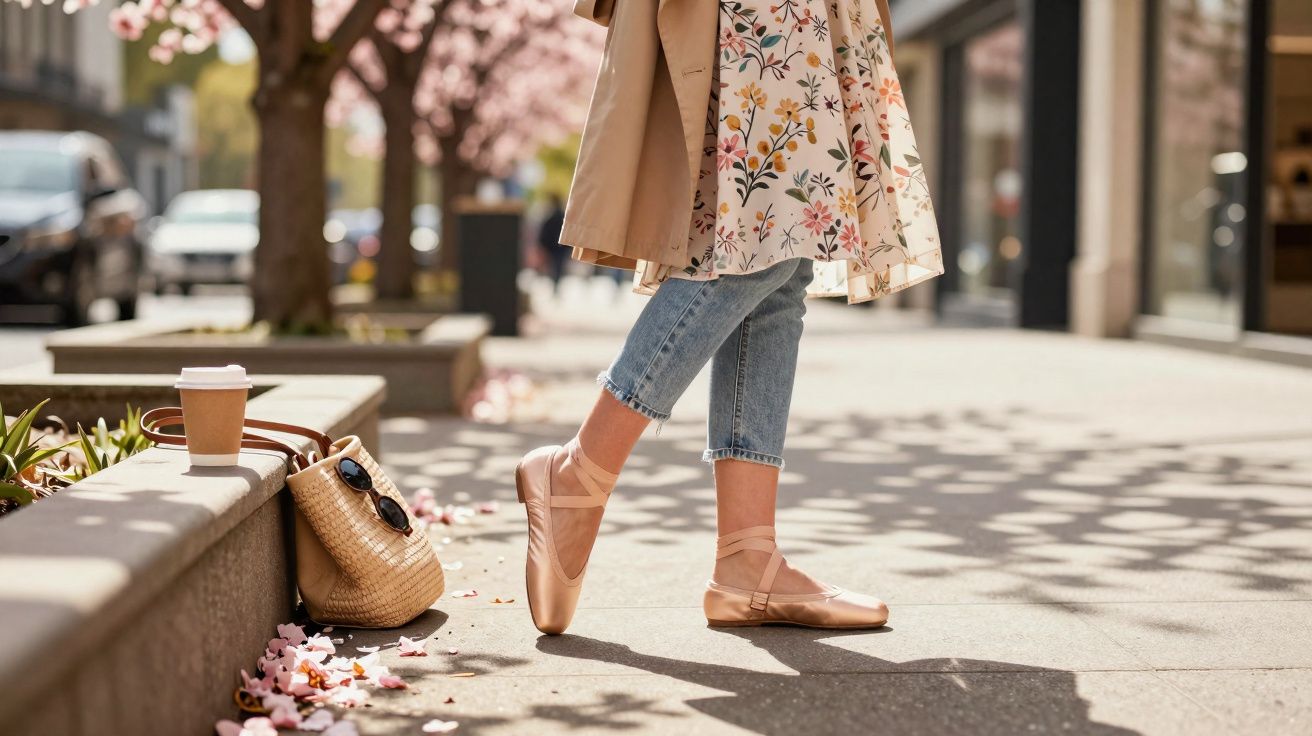 Pessoa usando sapatilhas de balé e jeans em calçada com flores e bolsa de palha ao lado