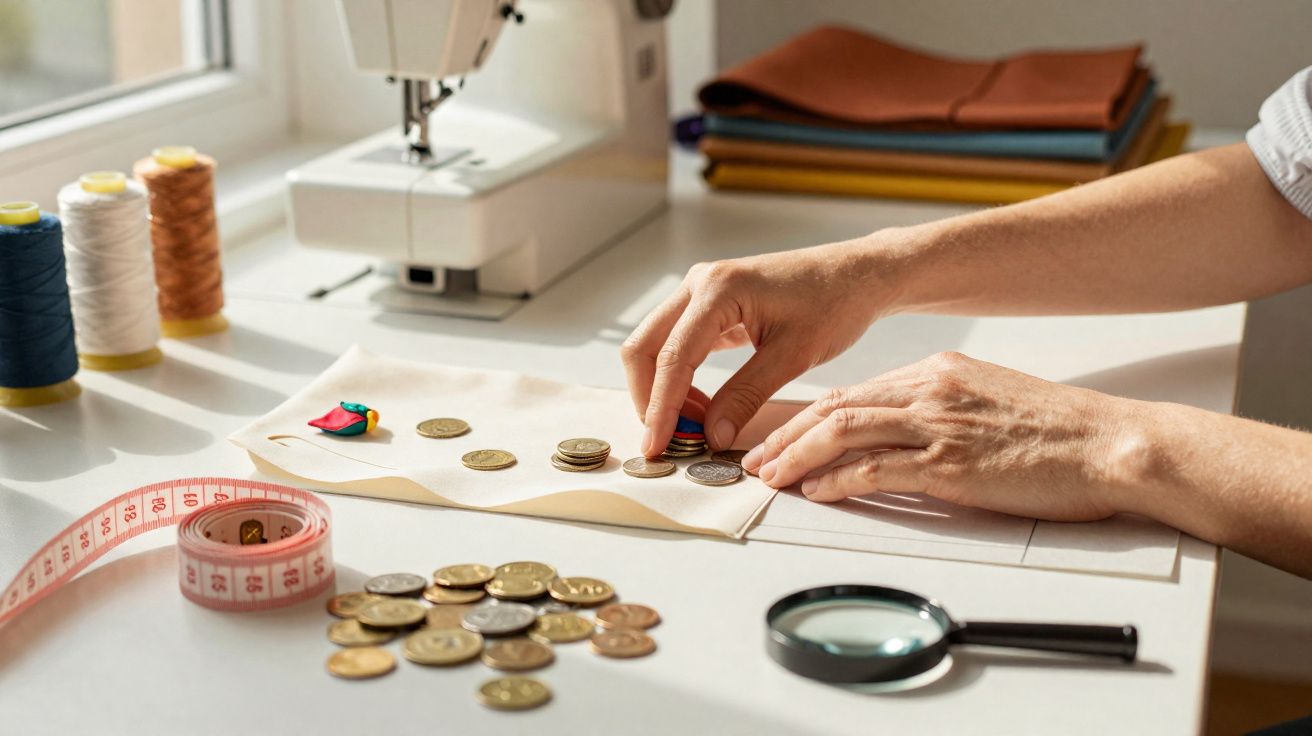 Mãos organizando moedas sobre tecido ao lado de máquina de costura, linhas, fita métrica e lupa.
