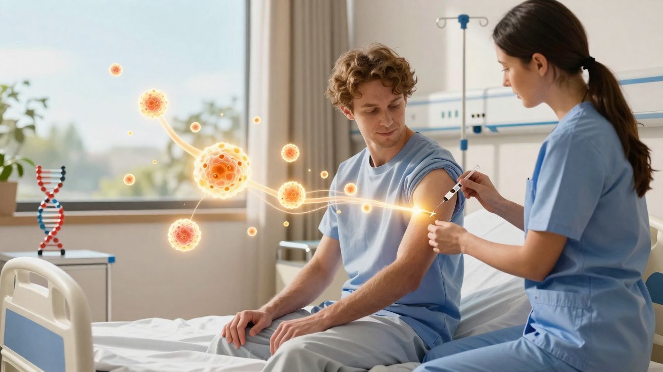 Enfermeira aplicando vacina em braço de homem adulto em quarto de hospital com representação do vírus.