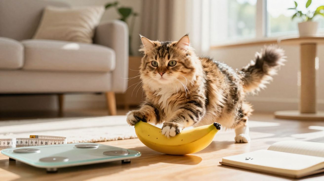 Gato marrom com patas sobre uma banana amarela em sala iluminada com sofá e livros ao fundo.