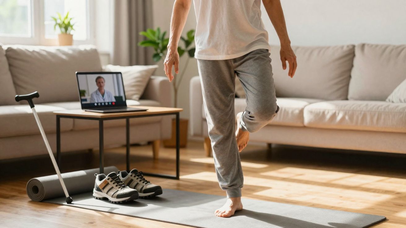 Pessoa idosa fazendo exercício em casa com orientação médica via videoconferência no laptop.