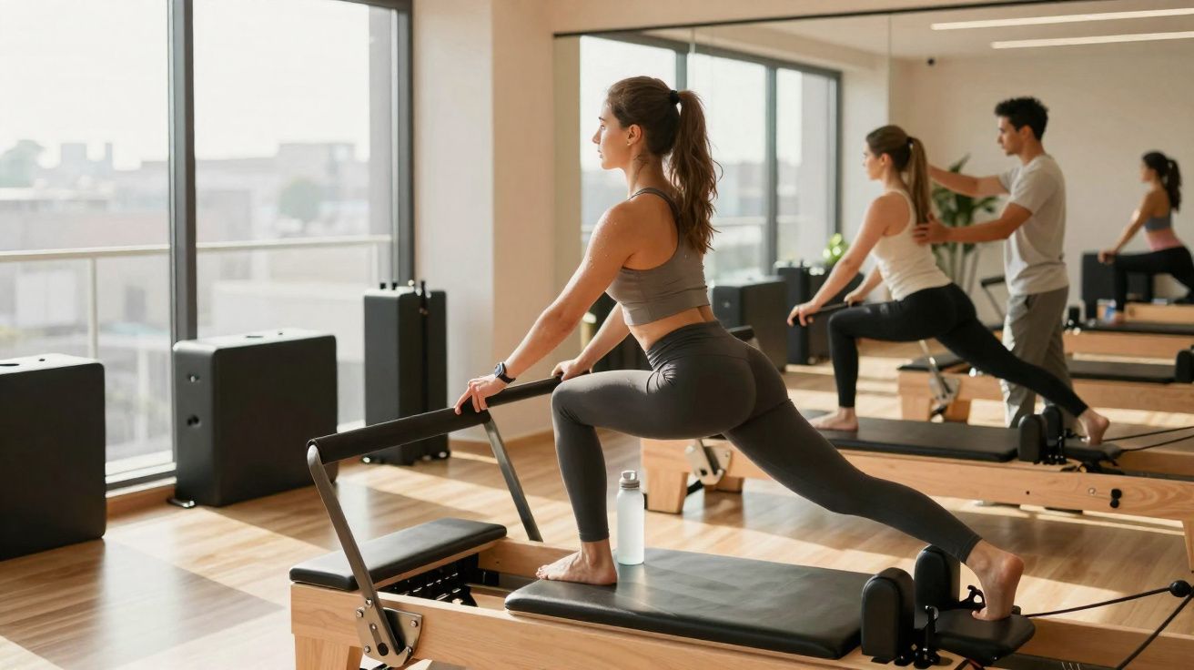Mulher praticando exercício de alongamento em equipamento de pilates em estúdio com espelhos e janela grande.