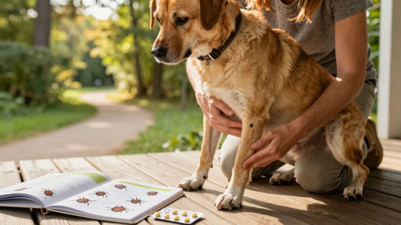 Mulher segurando cachorro enquanto examina carrapatos para proteger contra parasitas em dia ensolarado.