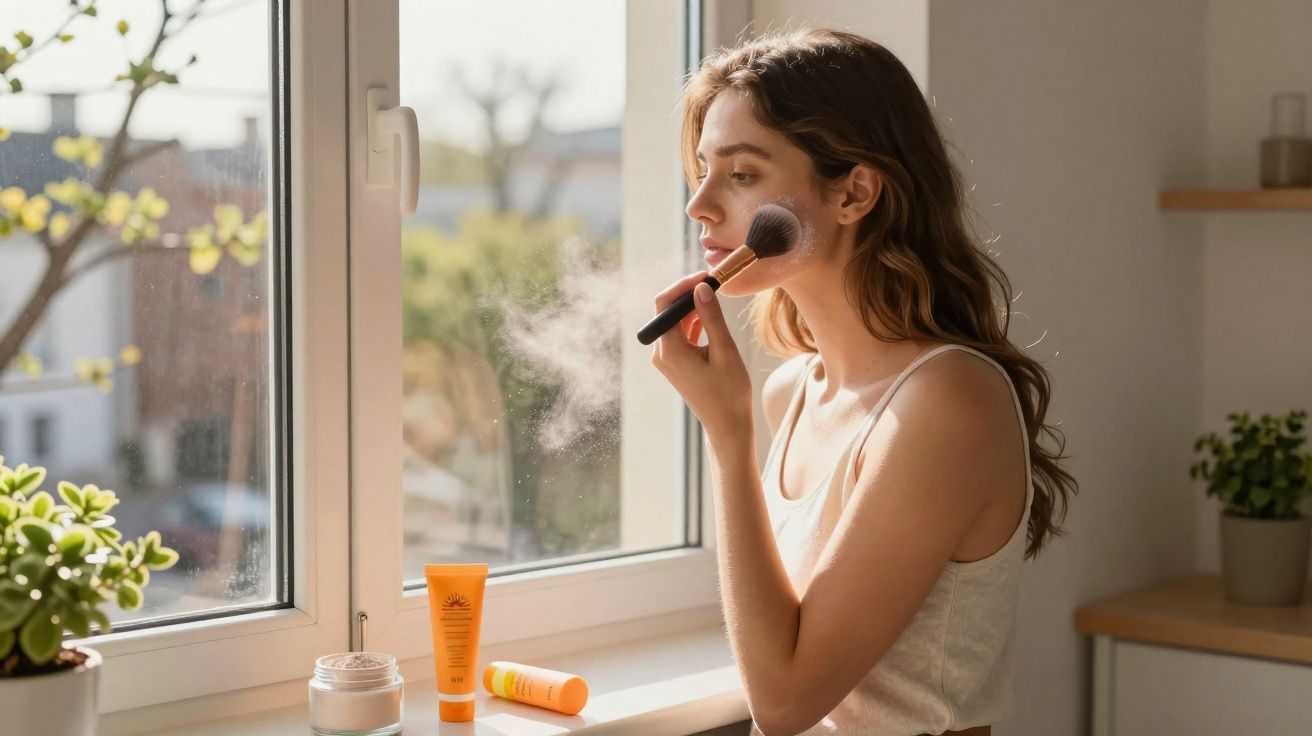 Mulher aplicando maquiagem com pincel perto da janela, com produtos de beleza ao lado.