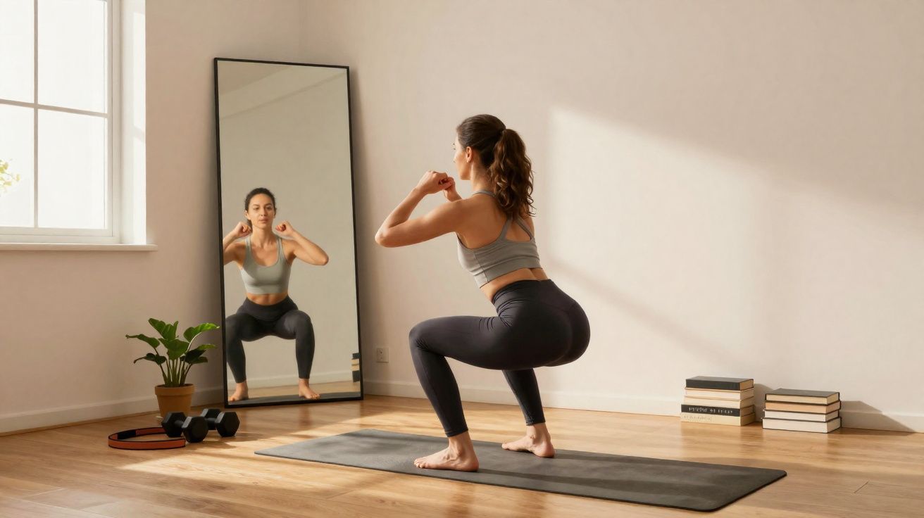 Mulher fazendo exercício de agachamento em tapete preto em quarto claro com espelho e plantas.