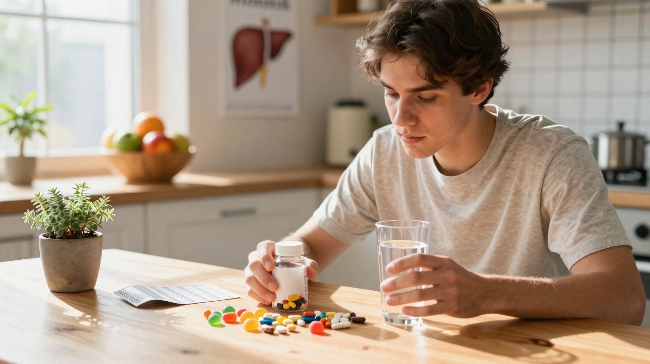 Jovem sentado à mesa segurando um copo d'água e um frasco de remédios com vários comprimidos espalhados.