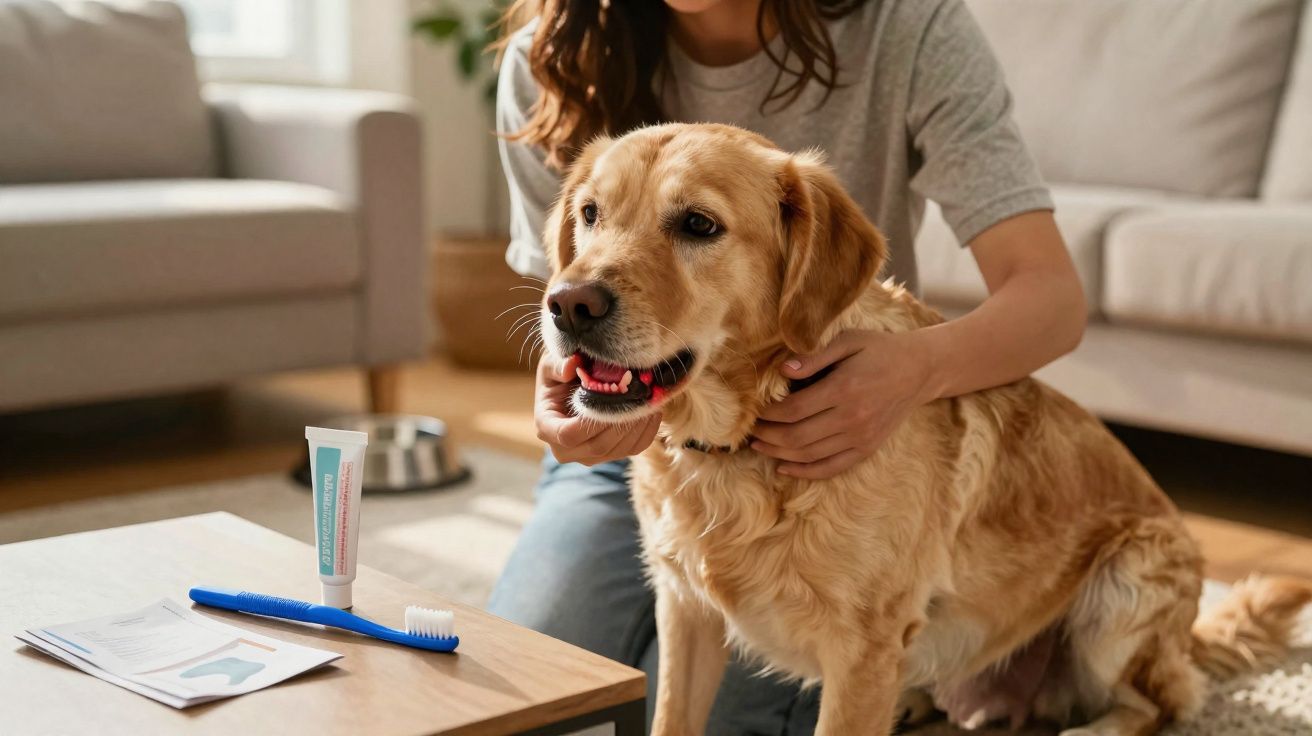 Mulher escovando os dentes de um cachorro dourado sentado na sala de estar.