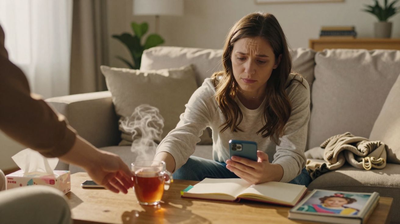 Mulher triste segurando celular enquanto recebe chá quente em sala de estar aconchegante.