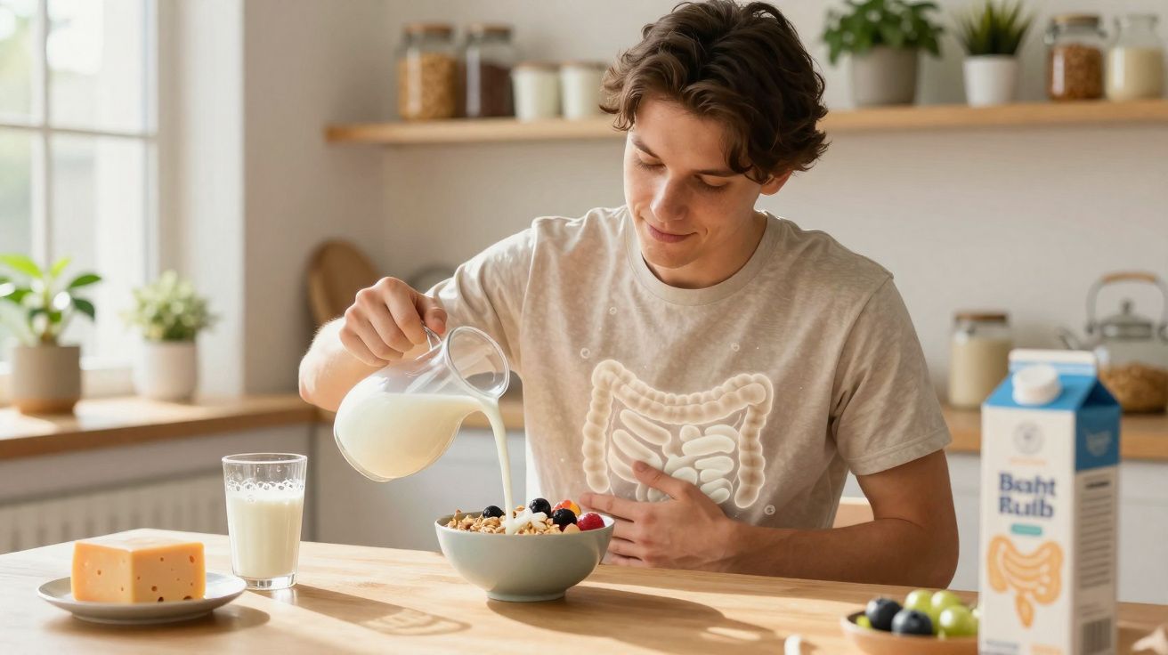 Jovem alimentando o intestino com cereal, frutas e leite em uma mesa de cozinha iluminada.