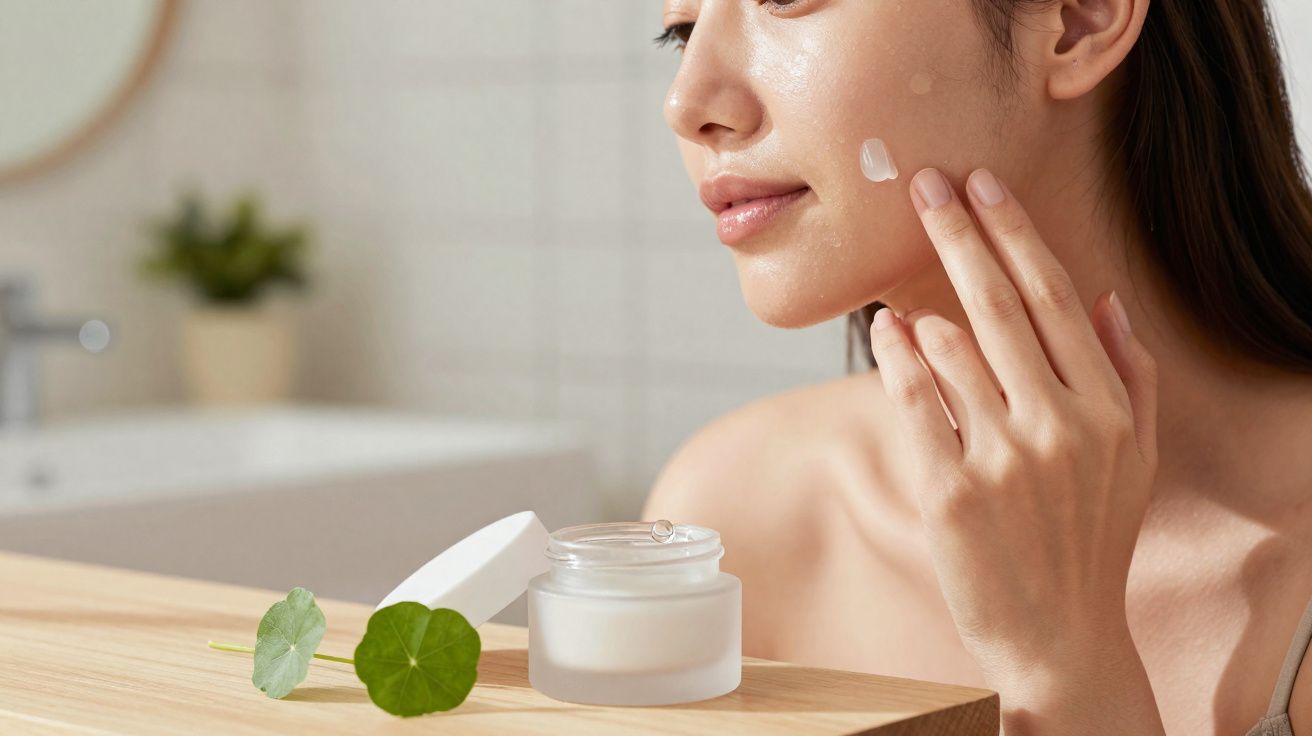 Mulher aplicando creme no rosto próximo a pote de vidro com tampa, sobre bancada de madeira.