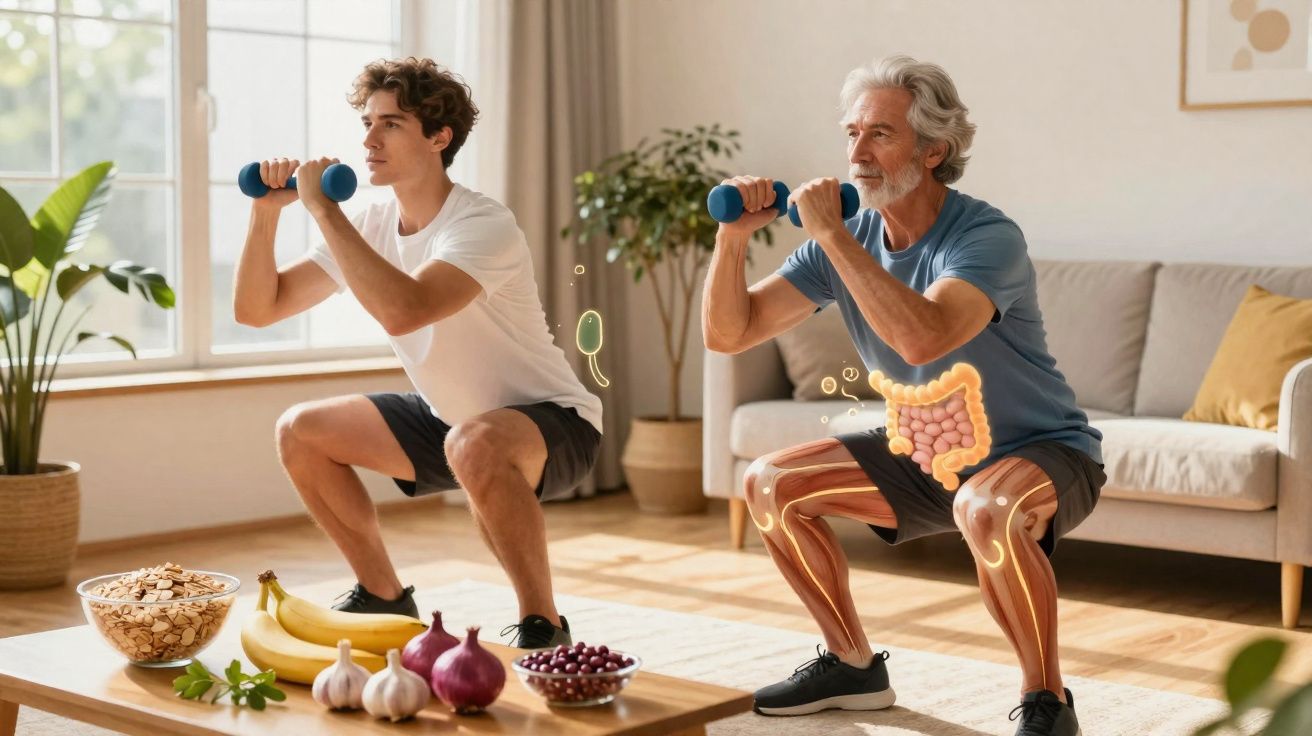 Homem jovem e idoso fazendo agachamento com pesos ao lado de frutas e vegetais em sala iluminada.