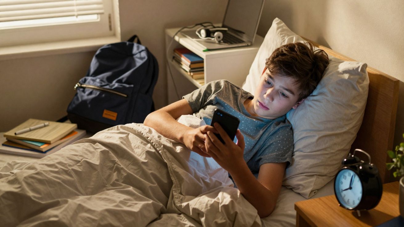 Menino deitado na cama à noite usando celular, com mochila e relógio despertador ao lado.