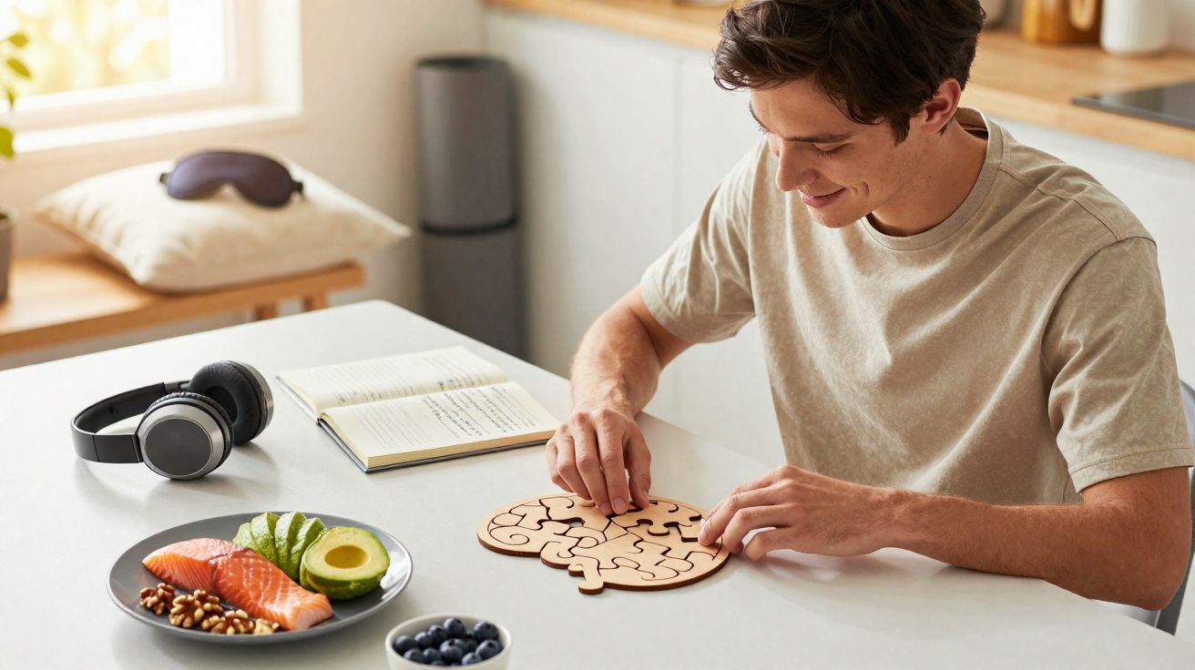 Jovem montando quebra-cabeça em forma de cérebro, com alimento saudável e notebook na mesa.