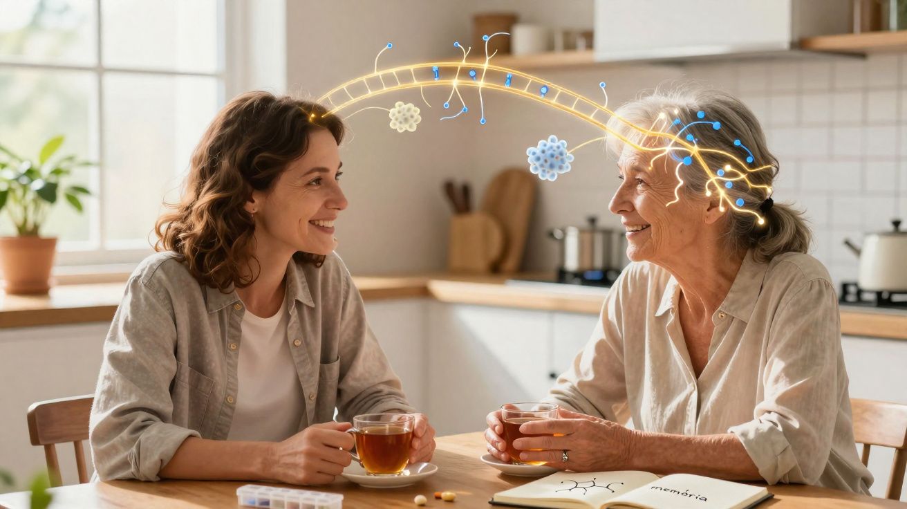 Duas mulheres, jovem e idosa, conversando e tomando chá, com desenho digital simbolizando conexão cerebral.