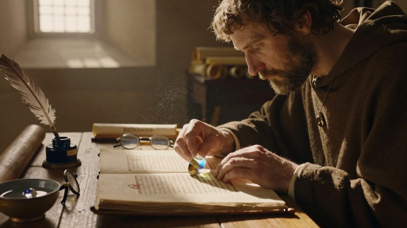 Homem com roupas antigas usando luneta para iluminar texto em livro antigo sobre mesa de madeira.