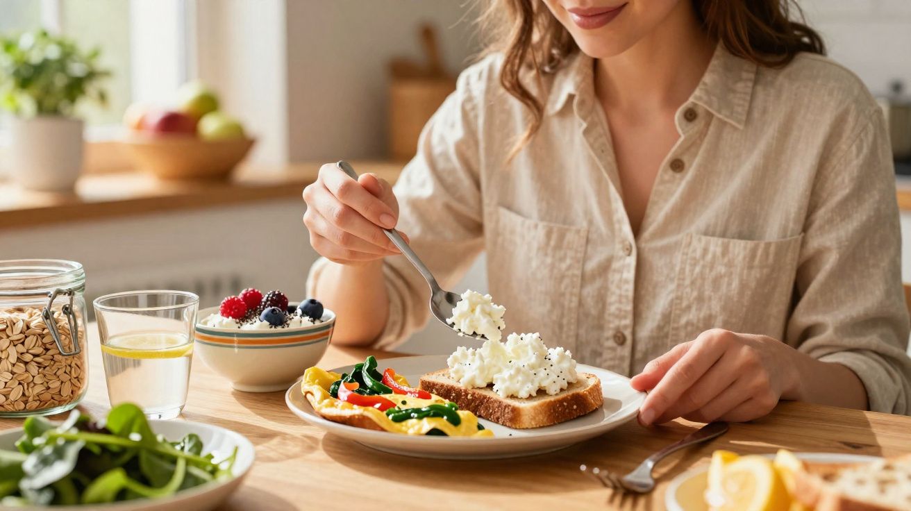 Mulher preparando sanduíche com queijo cottage em café da manhã saudável na cozinha iluminada.