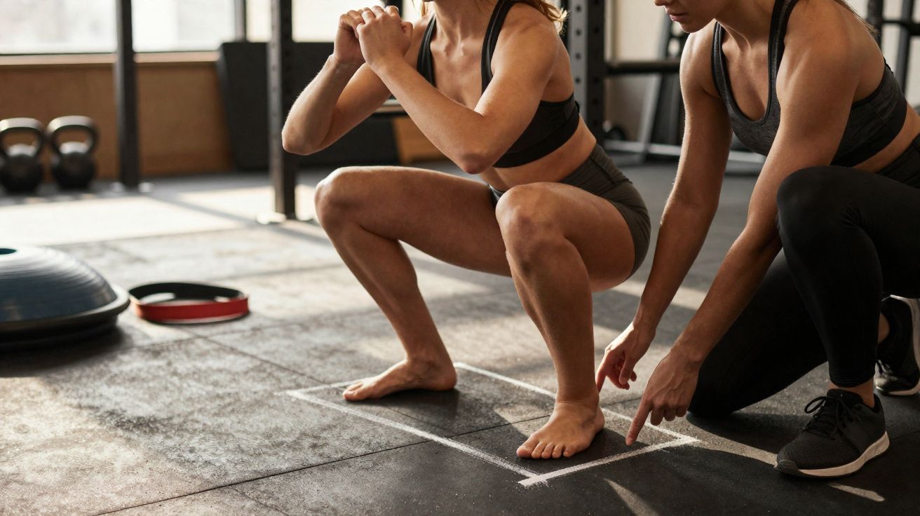 Mulher fazendo agachamento com orientação de outra mulher em academia, ambas em roupas de treino.