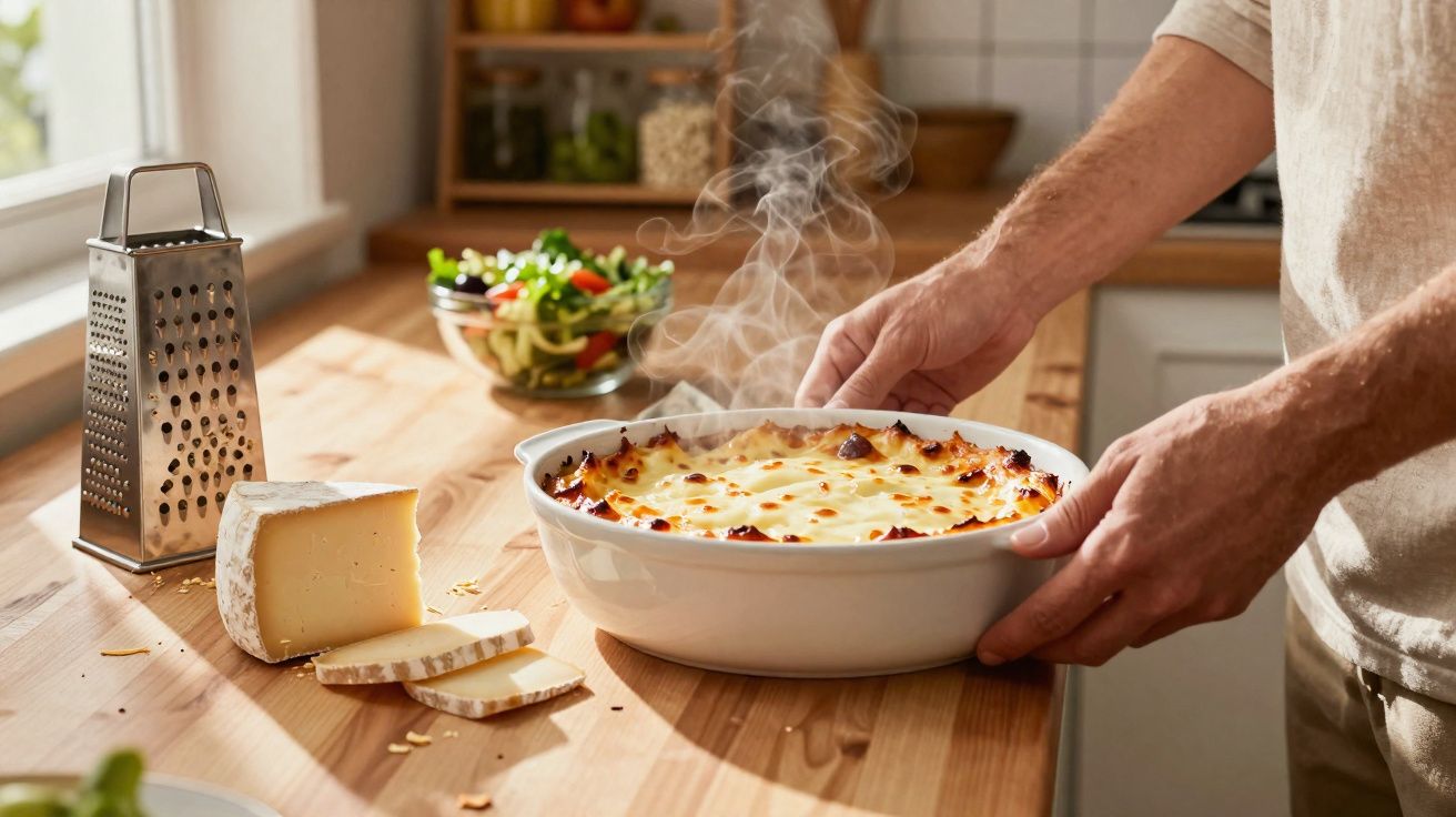 Pessoa segurando travessa com lasanha recém saída do forno em cozinha iluminada natural.