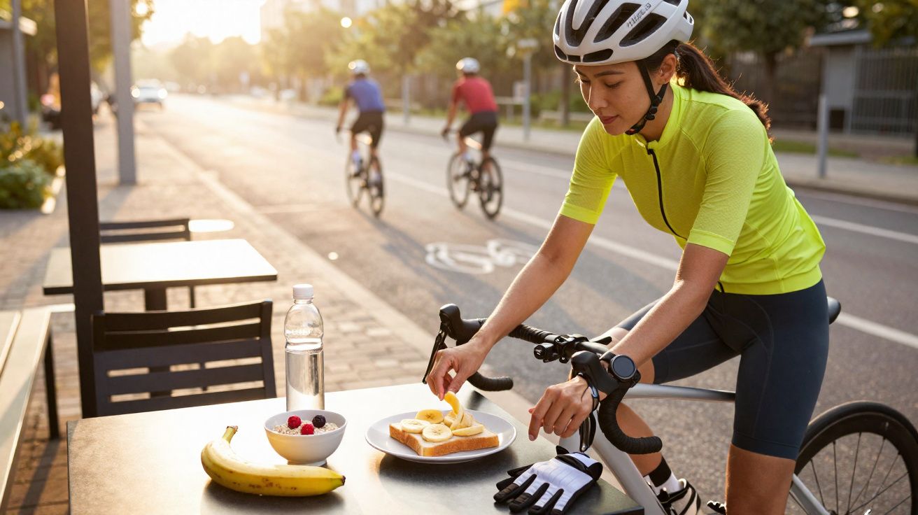 Mulher ciclista com capacete prepara lanche com frutas e torrada ao lado da bicicleta em mesa na calçada.