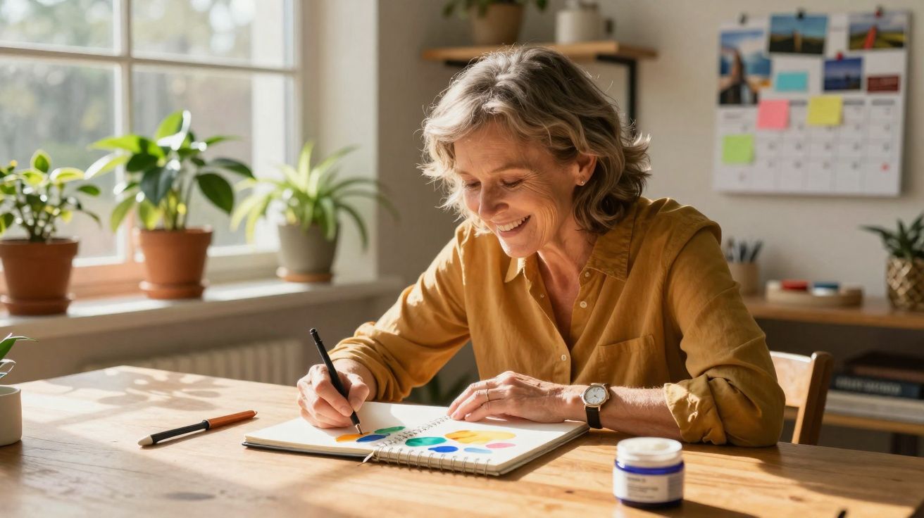 Mulher sorridente pinta círculos coloridos em caderno, sentada à mesa iluminada por janela com plantas.