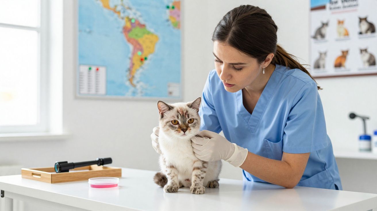 Veterinária com luvas examinando gato branco com manchas em clínica bem iluminada.