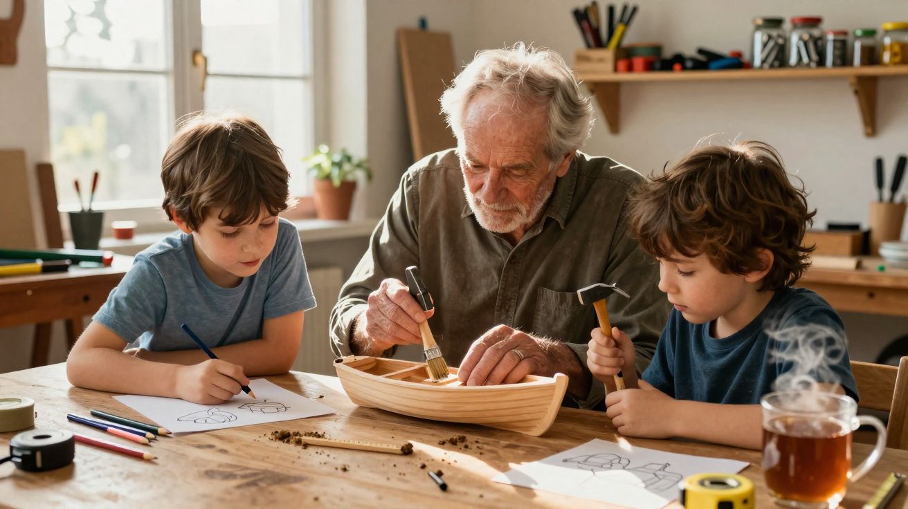 Idoso e duas crianças trabalham juntos em um barco de madeira e desenhos sobre mesa de madeira.